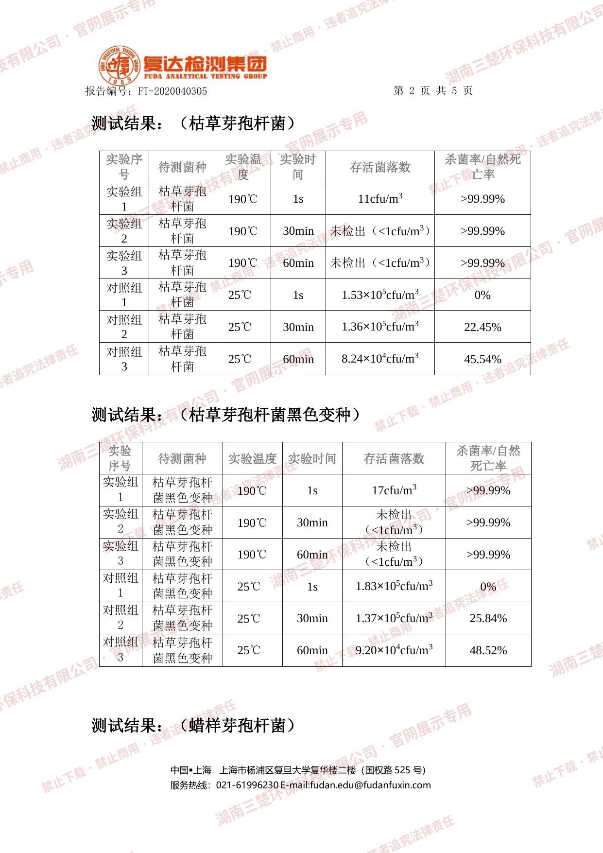 测试结果：枯草芽孢杆菌及其黑色变种杀灭率数据